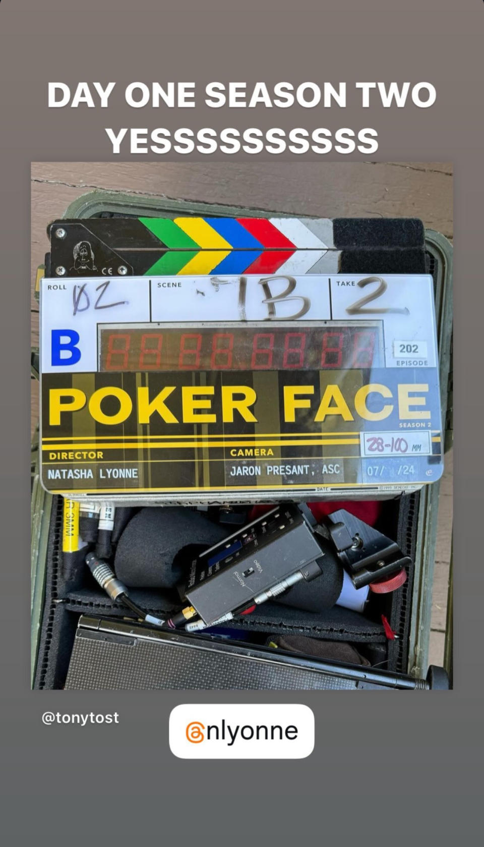 Rian Johnson celebrates the first day of filming <em>Poker Face</em>, Season 2