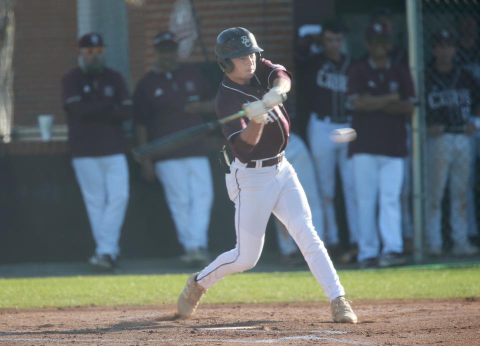 Benedictine's Parker McCoy takes a swing during a 2021 home game.