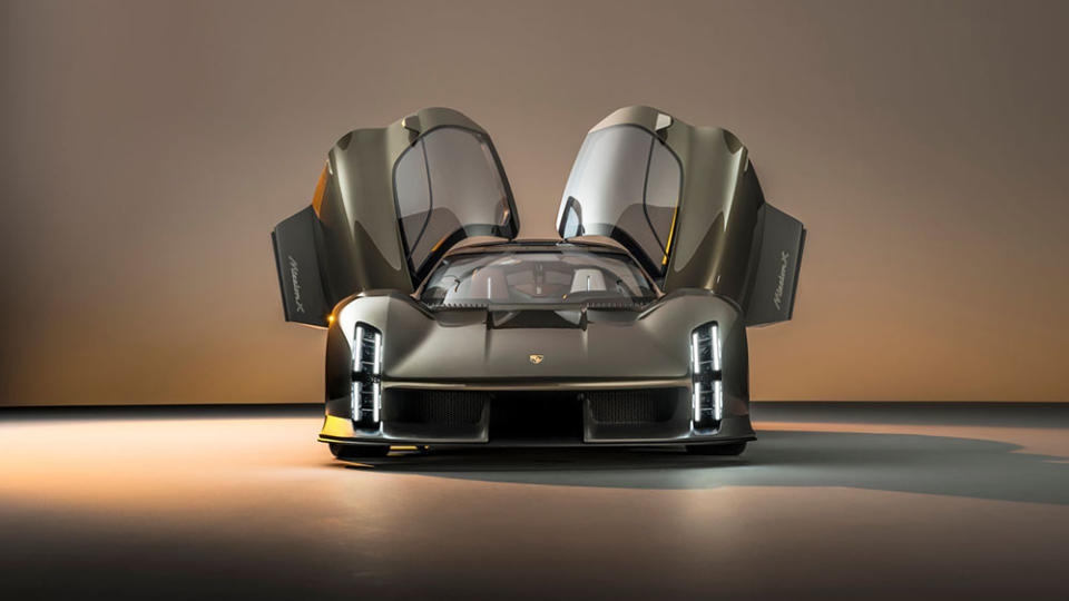 A front view of the Porsche Mission X concept with its doors open