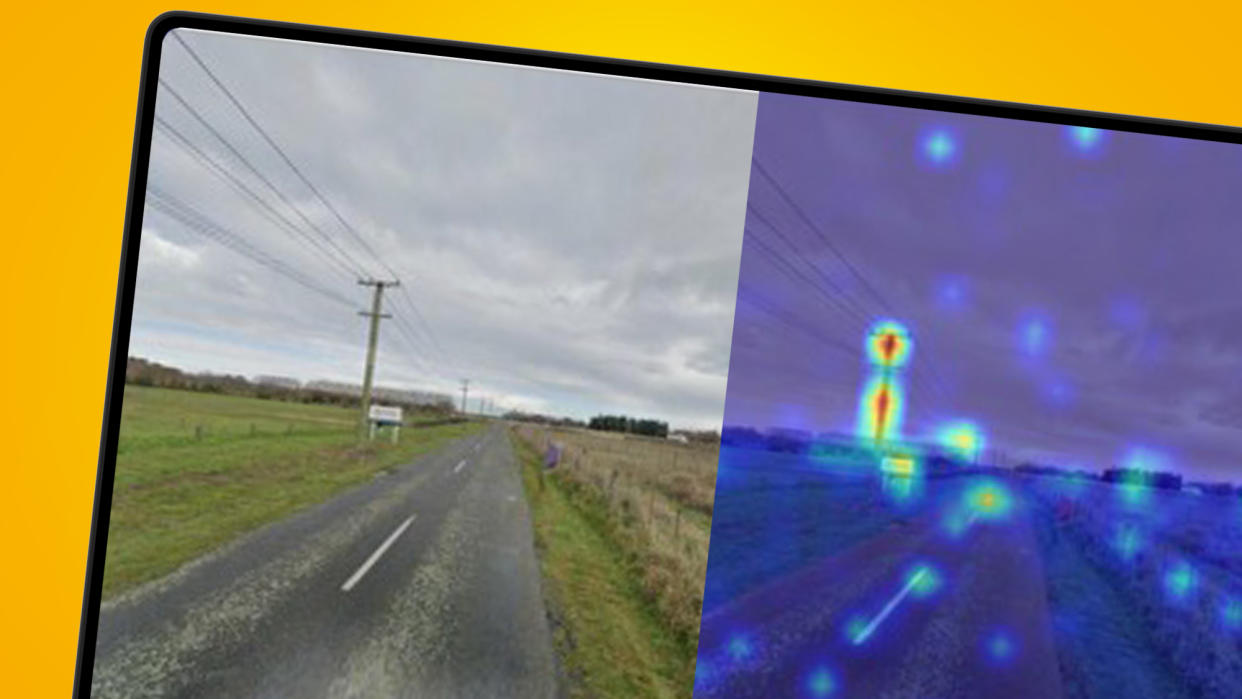  A computer screen showing two images of a road being analyzed by AI. 