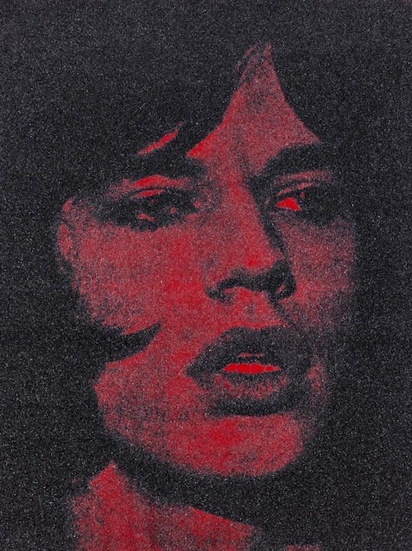 Russell Young <em>Jagger with Red Lips…”Reggie Kray do you know my name”</em>, 2010 Signed and numbered on verso Acrylic paint, Enamel and Diamond dust Screen print on Linen 62 x 42 in 157.5 x 106.7 cm Unique from 3 impressions (RY0246)