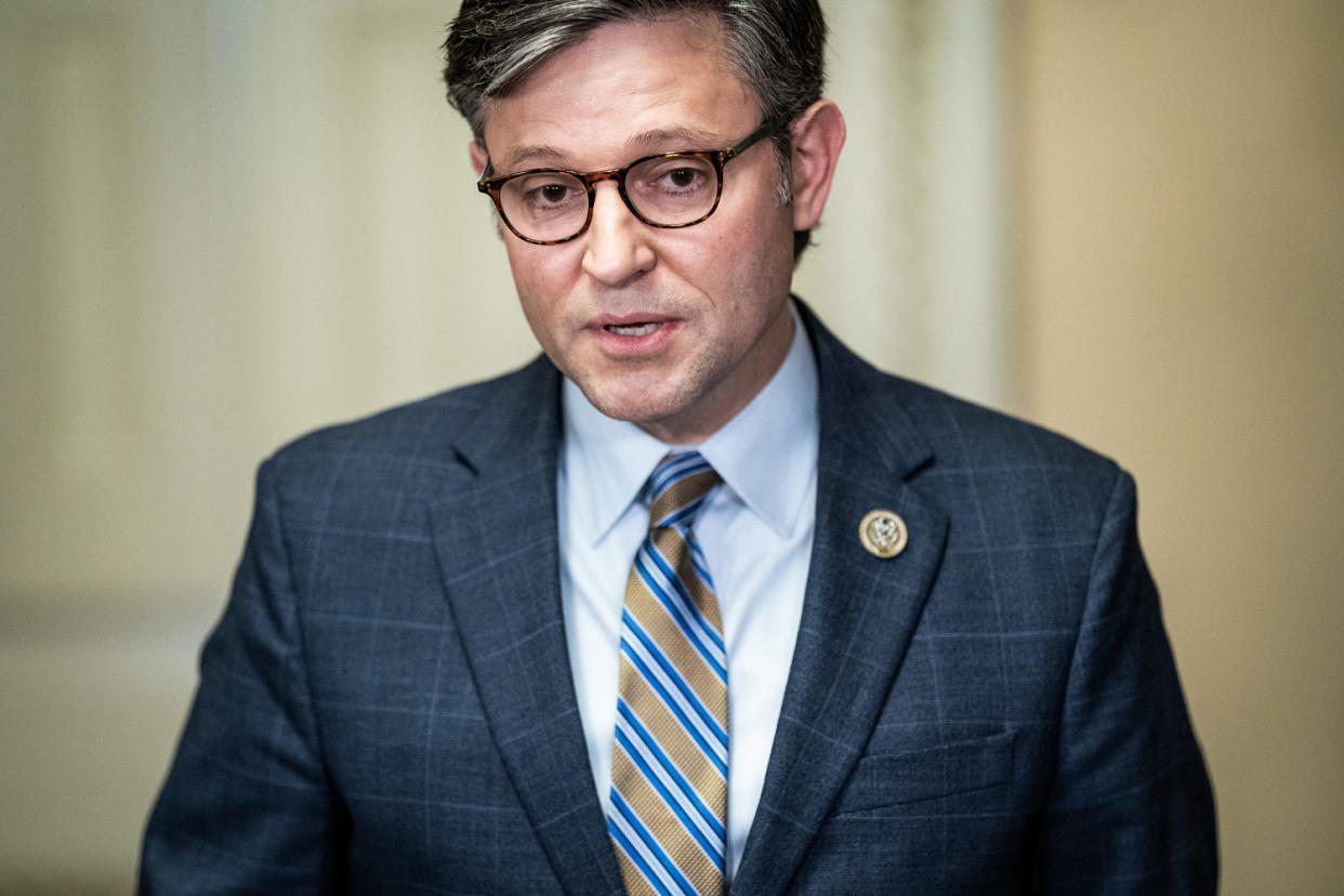 House Speaker Rep. Mike Johnson (R-La.) speaks to reporters on Capitol Hill in Washington, DC. on Oct. 26, 2023.  (Jabin Botsford / The Washington Post via Getty Images)