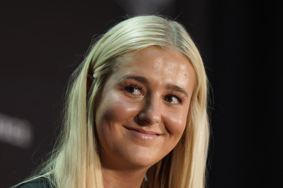 Texas Tech forward Bryn Gerlich listens to a question during Big 12 NCAA college basketball media day Tuesday, Oct. 18, 2022, in Kansas City, Mo. (AP Photo/Charlie Riedel)