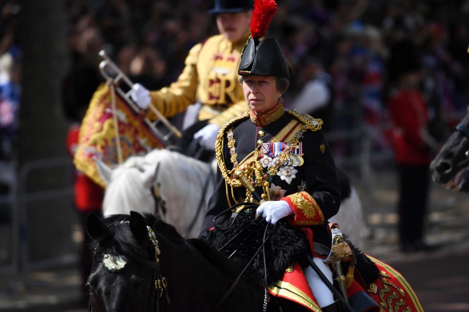 Princess Anne, Princess Royal rides horseback during the Trooping the Colour parade on June 2, 2022 in London, England.