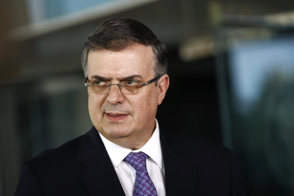 Mexico's Foreign Secretary Marcelo Ebrard speaks with reporters, Thursday, May 23, 2019, after meeting with Secretary of State Mike Pompeo at the U.S. State Department in Washington. (AP Photo/Patrick Semansky)