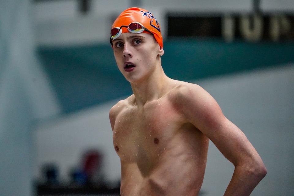 Matthew Klinge from Harrison High School swims in the 87th Annual Boys Swimming and Diving State Finals on Saturday, Feb. 24, 2024, at the IU Natatorium in Indianapolis.