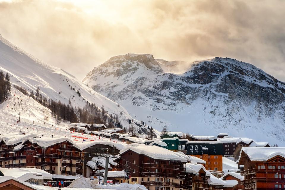 Skiing in french ski tourist resort of Val d'Isere in European Alps mountains in winter