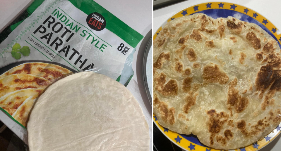 Aldi roti paratha frozen (left) and cooked on a plate (right).