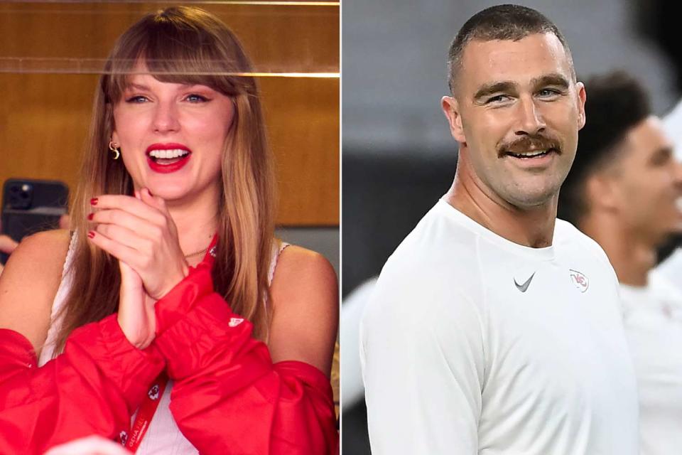 <p>Cooper Neill/Getty; Norm Hall/Getty</p> Taylor Swift cheers on Travis Kelce at Christmas Day game