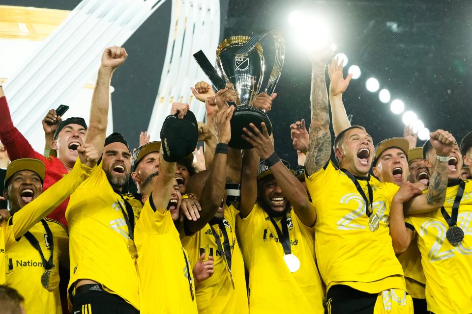 Dec 9, 2023; Columbus, OH, USA; The Columbus Crew celebrate with the Philip J. Anschutz Trophy after defeating the Los Angeles FC in the 2023 MLS Cup championship game at Lower.com Field. Mandatory Credit: Adam Cairns-The Columbus Dispatch