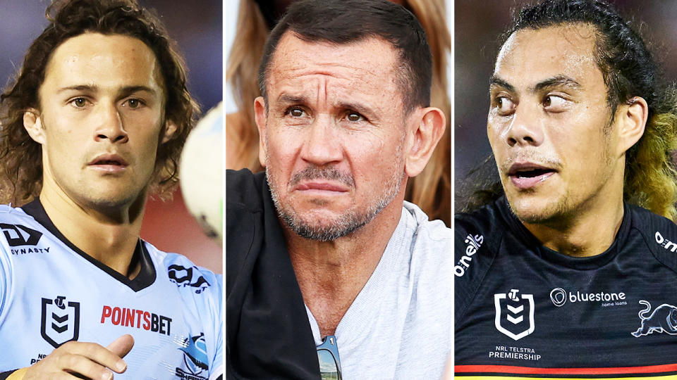 Matty Johns, pictured here alongside Nicho Hynes and Jarome Luai.