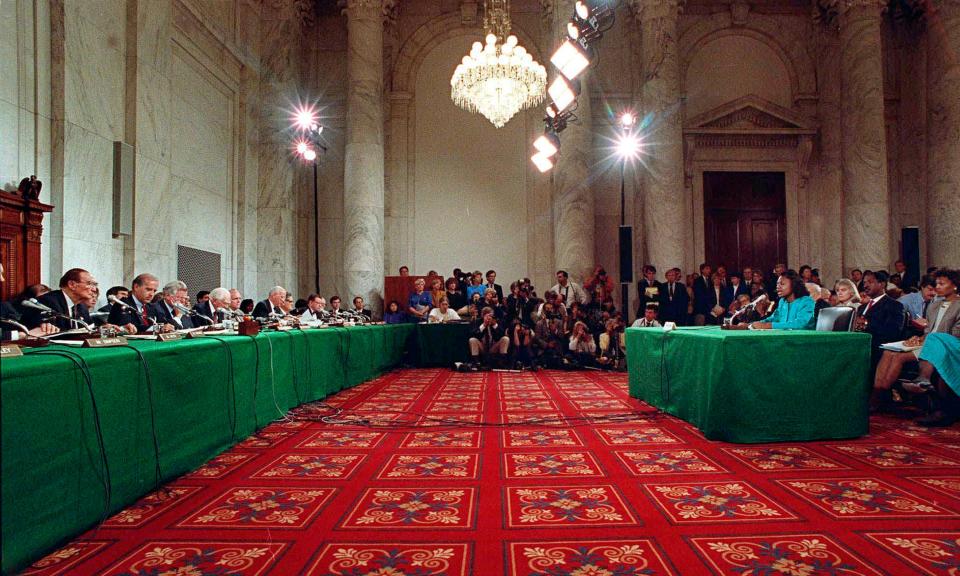 In this Oct. 11, 1991, file photo, Anita Hill testifies in the Russell Caucus room on Capitol Hill in Washington where the Senate Judiciary Committee was hearing testimony on the nomination of Clarence Thomas for the Supreme Court. 