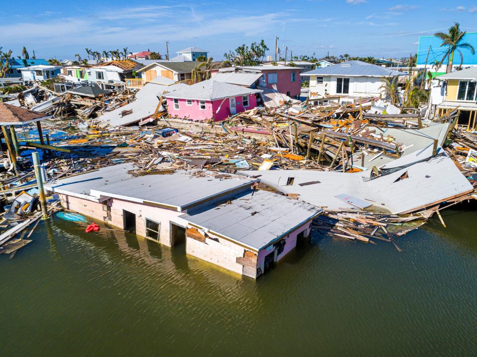 Fort Myers Beach, Florida, aerial view of damaged property after Hurricane Ian.
