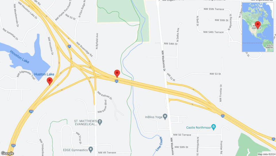 A detailed map that shows the affected road due to 'Drivers cautioned as heavy rain triggers traffic concerns on the U. S. Highway 71 in Kansas City' on July 2nd at 7:48 p.m.