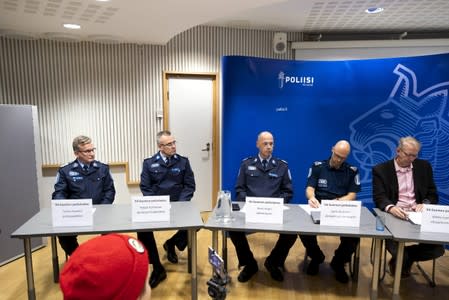 Taisto Huokko, Seppo Korhonen, Hans Vouti, Sami Joutjaorvi and Mikko Lyytinen from the Eastern Finland Police Department attend a news conference in Kuopio