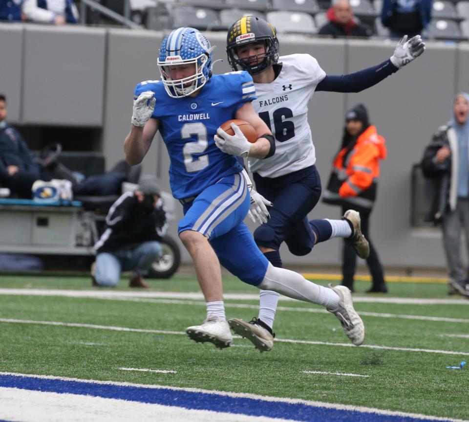 Harry Boland of Caldwell scores his team's first TD in the first half as Caldwell played Jefferson in the North Group II Championship game at MetLife Stadium on November 28, 2021.