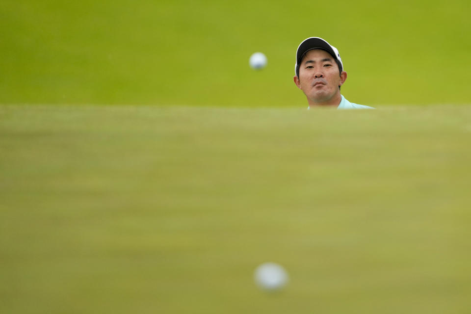 Takumi Kanaya, of Japan, chips to the green on the fourth hole during a practice round for the PGA Championship golf tournament at the Valhalla Golf Club, Wednesday, May 15, 2024, in Louisville, Ky. (AP Photo/Matt York)