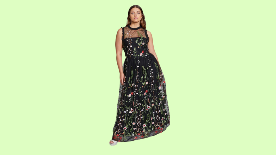 Float through the prom in this embroidered gown that uses layers of chiffon to add volume and softness.