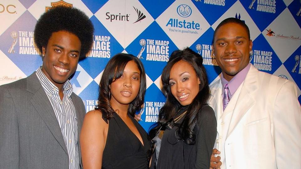 In this 2007 photo, the cast of “College Hill” — (from left) Willie McMiller, Fallon Favors, Krystal Lee and J.T. — arrives at the 38th NAACP Image Awards pre-show gala at Boulevard 3 in Los Angeles. (Photo by Charley Gallay/Getty Images)