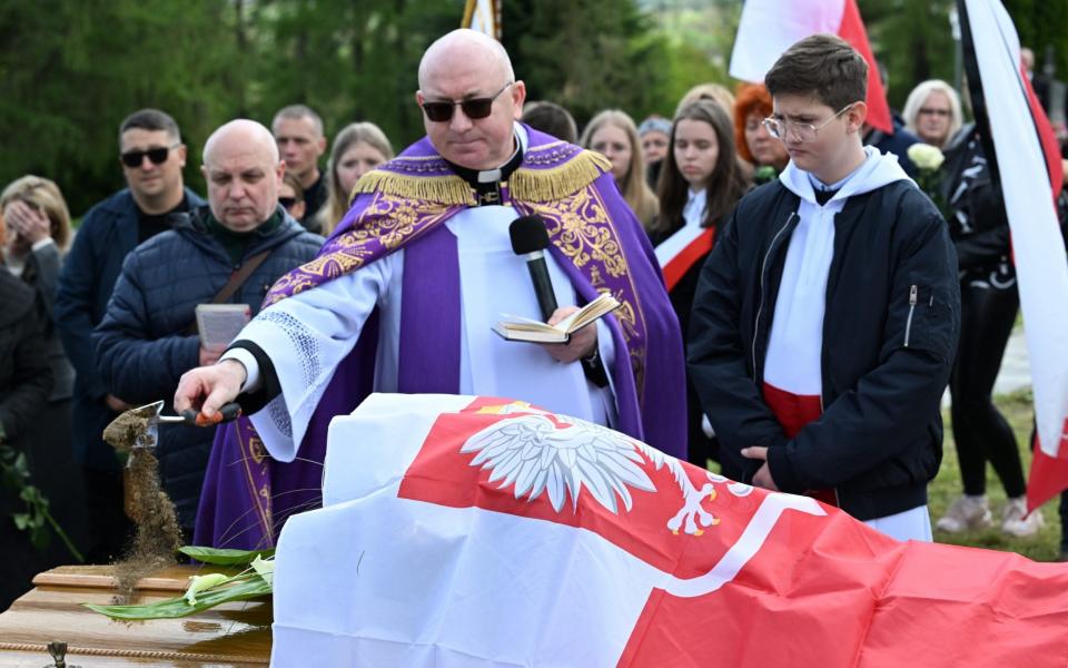 People attend the funeral ceremonies for Damian Sobol at the Main Cemetery in Przemysl, southeast Poland, 20 April 2024. Damian Sobol died in the 01 April 2024 attack on the convoy of the humanitarian organization World Central Kitchen, of which Damian was a volunteer. The convoy came under aerial fire in the coastal city of Dajr al-Balah located in the central Gaza Strip, seven people were killed in the attack. The victims also included Australian and British citizens, one person with US-Canadian citizenship, and a Palestinian driver. World Central Kitchen volunteer Damian Sobol laid to rest in Przemysl, Poland