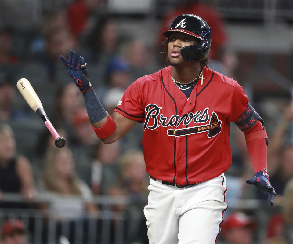 Atlanta Braves outfielder Ronald Acuna Jr. will miss the remainder of the regular season with a left groin strain, preventing him from becoming the fifth player to hit 40 home runs and steal 40 bases in a season. (AP)