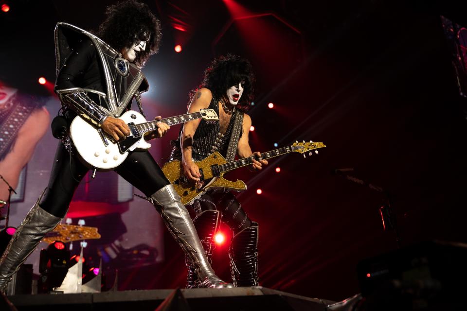 Tommy Thayer, left, and Paul Stanley perform with KISS Monday night for the End of the Road World Tour at Bridgestone Arena in Nashville.