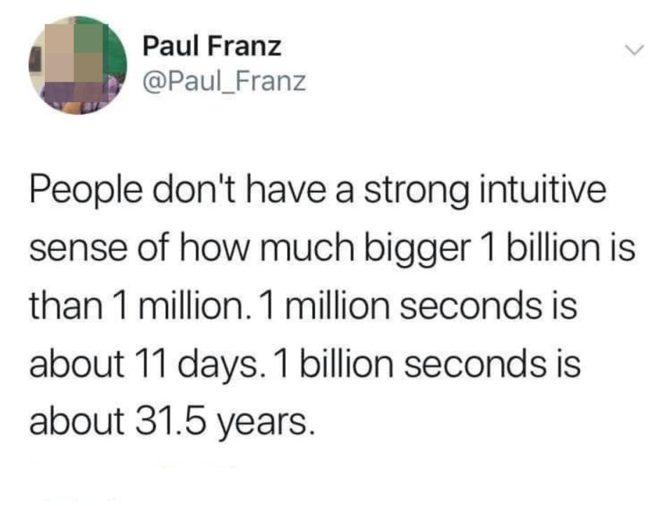 tweet reading people don't have a strong inuitive sense of how much bigger 1 billion is than 1 million 1 million seconds is 11 days 1 billion seconds is about 31.5 years