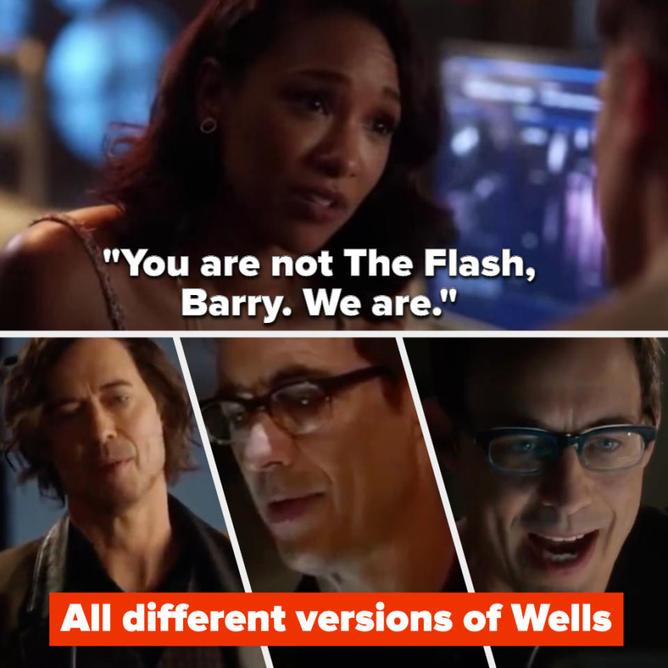 Iris saying "You are not The Flash, Barry. We are" and 3 different versions of Wells