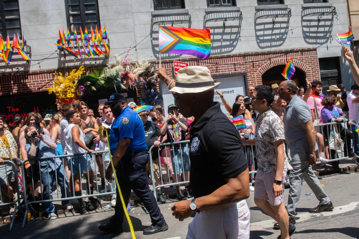 Mayor Eric Adams marches in New York City's pride Parade celebrating the LGBTQIA+ community on Sunday, June 26, 2022.