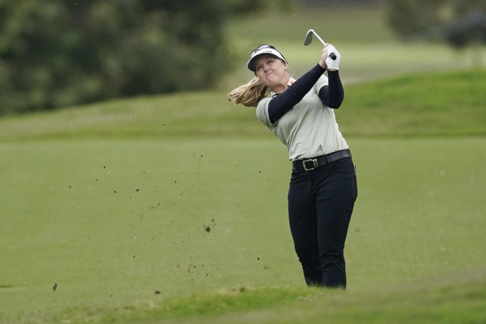 Brooke M. Henderson hits from the first fairway during the final round of the LPGA's Hugel-Air Premia LA Open golf tournament at Wilshire Country Club Saturday, April 24, 2021, in Los Angeles. (AP Photo/Ashley Landis)