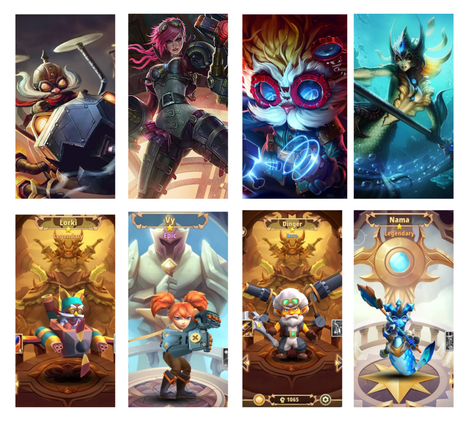 LoL's Corki, Vi, Heimerdinger, and Nami with their alleged I am Hero counterparts. (Photo: Riot Games; Imba Games/Suga Pte. Ltd)