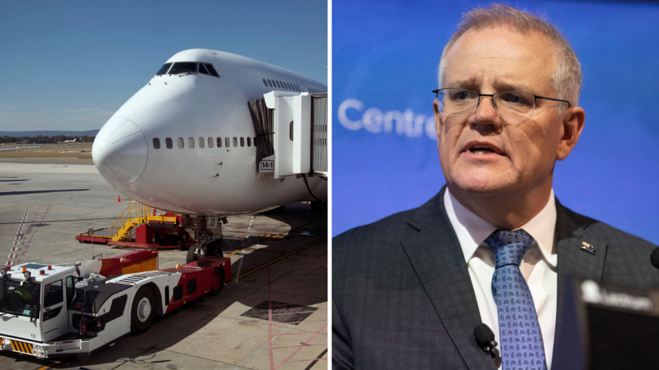 Plane docked at Sydney Airport, Scott Morrison giving a speech.