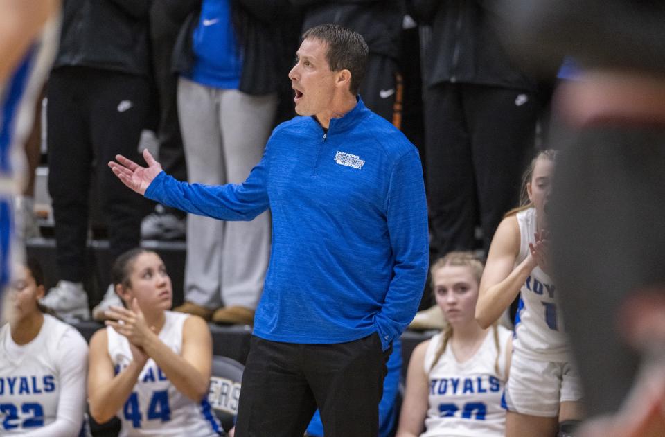 Hamilton Southeastern High School head coach Brian Satterfield reacts to action on the court during the second half of an IHSAA Girls Basketball Sectional championship game, Saturday, Feb. 4, 2023, at Noblesville High School. Fishers High School won 58-44.