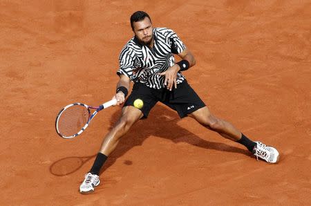 Tennis - French Open - Roland Garros - Latvia's Ernests Gulbis v Jo-Wilfried Tsonga - Paris, France - 28/05/16. Tsonga returns a shot. REUTERS/Jacky Naegelen