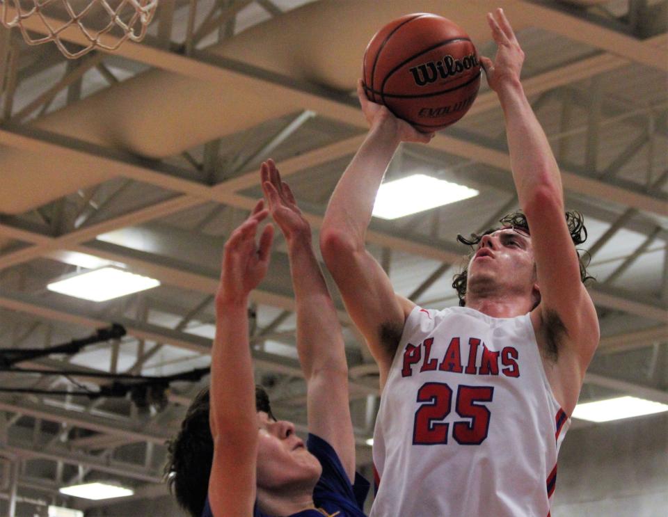 Pleasant Plains' Zach Powell goes up for a shot against Buffalo Tri-City during the Sangamon County boys basketball tournament at Cass Gymnasium on Tuesday.