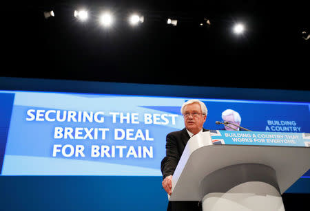 Britain's Secretary of State for Exiting the European Union David Davis addresses the Conservative Party conference in Manchester, Britain October 3, 2017. REUTERS/Phil Noble