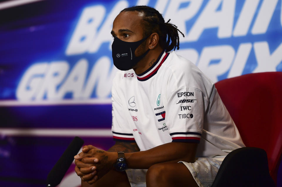 Mercedes driver Lewis Hamilton of Britain participates in a media conference prior to the Bahrain Formula One Grand Prix at the International Circuit in Sakhir, Bahrain, Thursday, Nov. 26, 2020. The Bahrain Formula One Grand Prix will take place on Sunday. (Mario Renzi, Pool via AP)