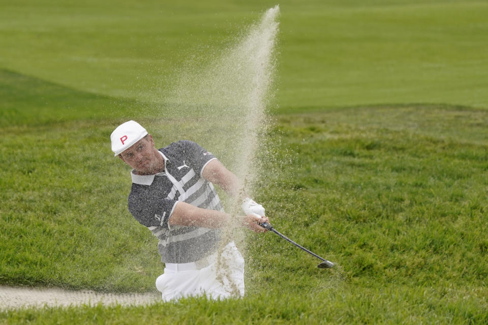 Bryson DeChambeau plays a shot from a bunker on the 13th hole during the final round of the U.S. Open Golf Championship, Sunday, June 20, 2021, at Torrey Pines Golf Course in San Diego. (AP Photo/Marcio Jose Sanchez)