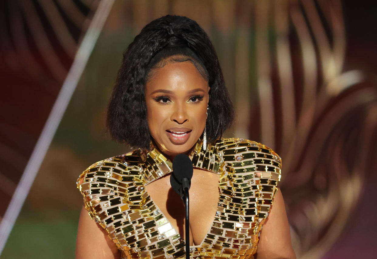 BEVERLY HILLS, CALIFORNIA - JANUARY 10: 80th Annual GOLDEN GLOBE AWARDS -- Pictured: Jennifer Hudson speaks onstage at the 80th Annual Golden Globe Awards held at the Beverly Hilton Hotel on January 10, 2023 in Beverly Hills, California. -- (Photo by Rich Polk/NBC via Getty Images)