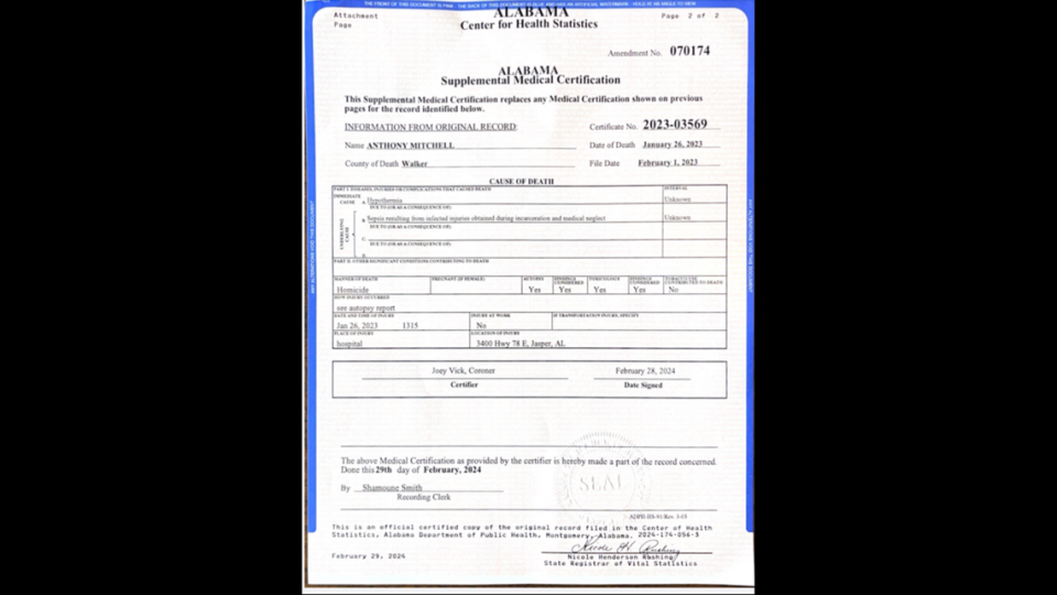 Mitchell’s death certificate.