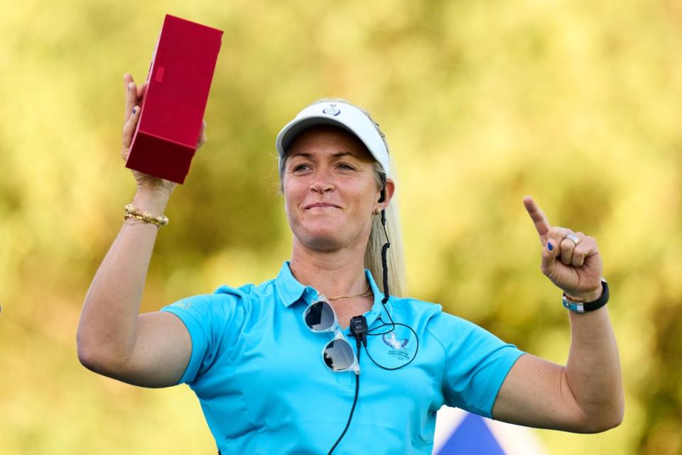 Captain Suzann Pettersen of Team Europe reacts during practice prior to the The Solheim Cup at Finca Cortesin Golf Club (Getty Images)