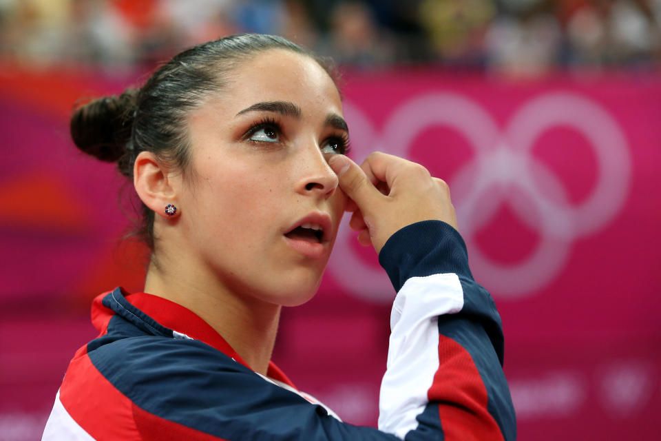 Alexandra Raisman of the United States reacts during the Artistic Gymnastics Women's Floor Exercise final on Day 11 of the London 2012 Olympic Games at North Greenwich Arena on August 7, 2012 in London, England. (Photo by Ronald Martinez/Getty Images)