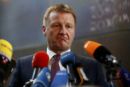 North Rhine Westphalia state Interior Minister Ralf Jaeger makes a statement after an internal commitee meeting of North-Rhine Westphalia state parliament in Duesseldorf, Germany January 11, 2016. REUTERS/Ina Fassbender