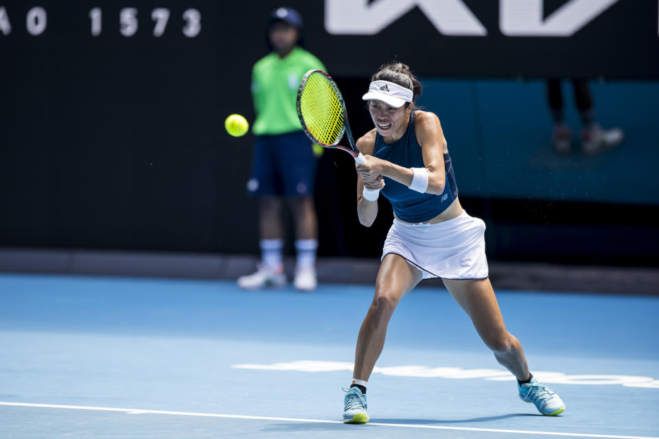 MELBOURNE, VIC - FEBRUARY 16: Su-Wei Hsieh of Chinese Taipei returns the ball during the quarterfinals of the 2021 Australian Open on February 16 2021, at Melbourne Park in Melbourne, Australia. (Photo by Jason Heidrich/Icon Sportswire via Getty Images)