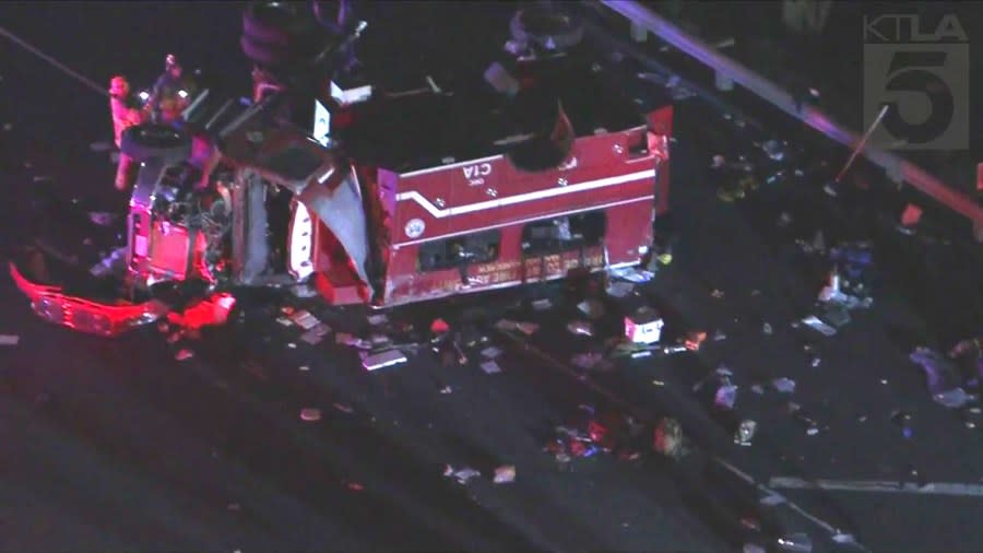 Eight firefighters were hospitalized following a rollover accident on a freeway in Irvine on September 19, 2024. (KTLA)