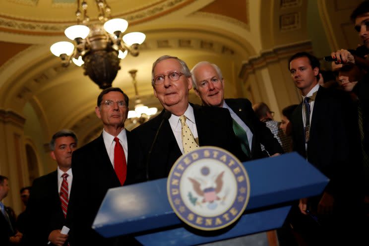 Senate Majority Leader Mitch McConnell, accompanied by Sen. Cory Gardner, R-Colo., Sen. John Barrasso, R-Wy. and Sen. John Cornyn, R-Tex., arrives to speak with the media about the recently withdrawn health care bill on Capitol Hill in Washington on July 18, 2017. (Photo: Reuters/Aaron P. Bernstein)