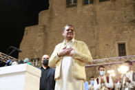 Interim Prime Minister of Libya Abdul Hamid Dbeibah addresses supporters at a protest calling for the country’s parliament to step down, on Friday, Sept. 24, 2021, in Tripoli, after it passed a vote of no-confidence in Dbeibah’s transitional government. The motion, passed on Tuesday, represents a challenge to planned December elections and impedes efforts to unite the oil-rich North African nation after a decade of turmoil. (AP Photo/Yousef Murad)