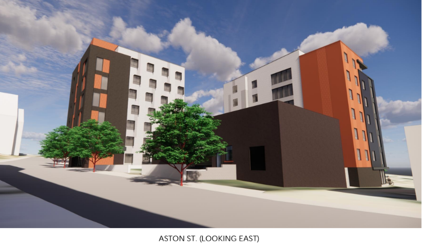 Conceptual renderings of two 7-story micro-unit apartment building proposed for Aston Street.