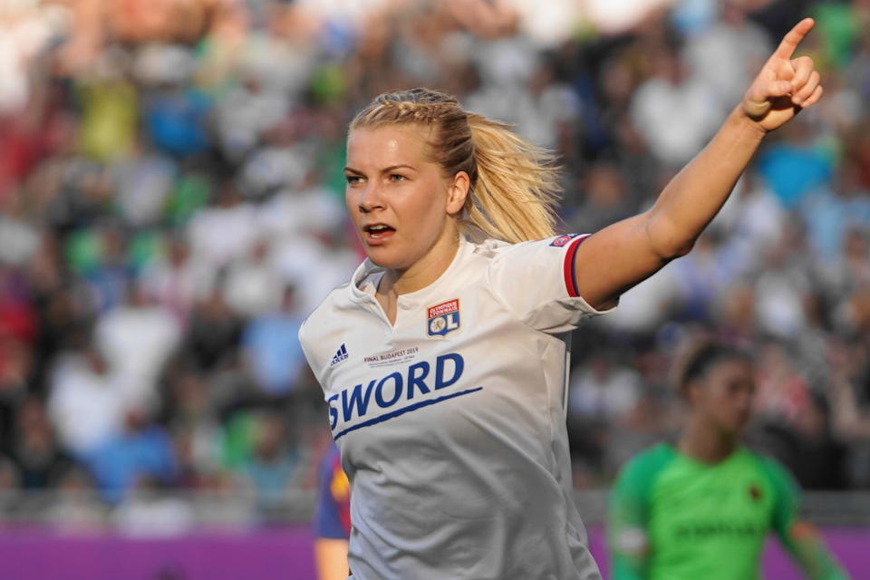 BUDAPEST, HUNGARY - MAY 18: Ada Hegerberg of Olympique Lyonnais celebrates her goal during the UEFA Women's Champions League Final between Olympique Lyonnais and FC Barcelona Women at Groupama Arena on May 18, 2019 in Budapest, Hungary. (Photo by Daniela Porcelli/Getty Images)