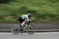 Margarita Victoria Garcia Canellas of Spain competes during the women's cycling individual time trial at the 2020 Summer Olympics, Wednesday, July 28, 2021, in Oyama, Japan. (AP Photo/Thibault Camus)